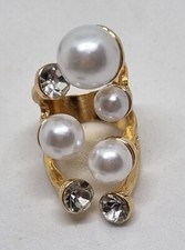 Gold Tone Chunky Faux Pearl And Diamante Stone Ring Size J