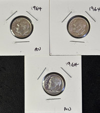 3 X USA 1964, 1 Roosevelt Silver Dime 90% Silver Content Coin AU