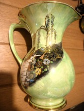 Arthur Wood Royal Bradwell Sylvan Green Lustre Jug Hand Painted Water Garden 50s