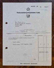 1964 Pye Telecommunications Ltd, Newmarket Road, Cambridge Invoice