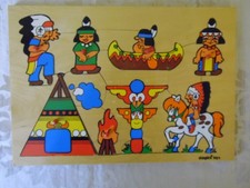 Simplex Toys Wooden Jigsaw Puzzle Native Indians Tepee Squaw Totem Pole Canoe