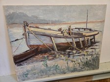 Vintage Nautical Oil on Board Cape Cod Wood Row Boat Beached Nautical Art 1950s