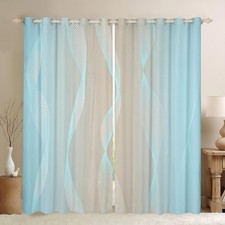 Gradient Aqua and Beige Curtains & Drapes,Irregular Silver Stripe Wave Line C...