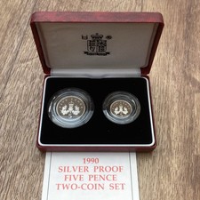 1990 Proof Sterling Silver Five Pence 5p Two Coin Set Cased With COA. 103 