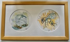 Framed Original Hand Painted Signed Watercolour Of Honey Bee And Hive VGC