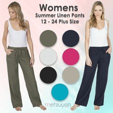 Metzuyan Womens Linen Trousers Wide Leg Fit Summer Pants Pockets 16-24 Plus Size