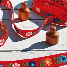 Red Jacquard Ribbon Vintage Braid colourful floral design 3.85Metres narrow trim