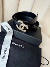 Chanel Black Leather CC Crystal Buckle Belt