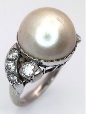 Vintage Silver Palladium Gold 13mm Pearl & 0.35ct Old Cut Diamond Ring (tested)