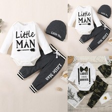3PCS Newborn Baby Boys Long Sleeve Romper Tops Camo Pants Hat Set Clothes Outfit