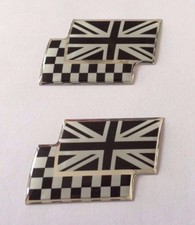 2 x SMALL 25mm UNION JACK/CHEQUERED FLAGS Sticker/Decal - CHROME/BLACK DOMED GEL