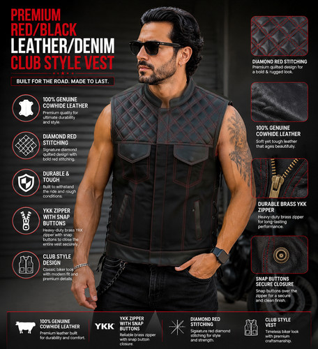 Mens leather biker vest - biker, red