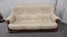 80s Cream Leather Sofa 3 Seater With Solid Wood Engraved Base