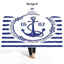 Nautical Anchors Rudder Ship Striped Warm Fleece Hooded Blanket Sofa Throw Gift