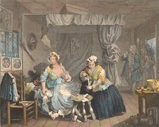 c1840 HOGARTH COLOURED PRINT ~ THE HARLOT'S PROGRESS APPREHENDED BY A MAGISTRATE