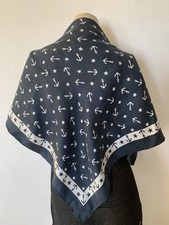 Vtg Blue White Nautical Sailor Anchor  Pure Silk Scarf Hanky Bandana 29''x29''