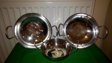 THREE BALTI KARAHI CURRY SERVING DEEP DISHES STAINLESS STEEL WITH HANDLES