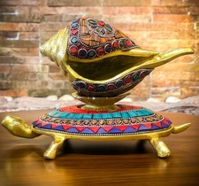 TBS Multi Color Conch Shankh with Tortoise Brass Showpiece Temple Puja Mandir
