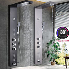 Thermostatic Shower Panel Column Tower Stainless Steel Black Waterfall Body Jet