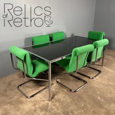 Six Green Italian Pace Chrome Dining Chairs & Glass Dining Table Mid Century