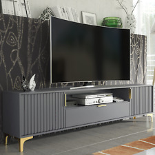 200cm Loft Retro TV Unit | Dark Grey Stand with Milled Fronts | Vintage Cabinet