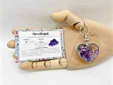 Amethyst Chips in glass Heart pendant necklace reiki healing+ card + velvet bag
