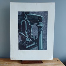 Mid Century Original Hand Printed Screen Print Printing Press Blue Grey 1960s