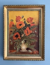 Original Vintage Oil Painting A Vase Of Poppies Signed Impressionist Floral