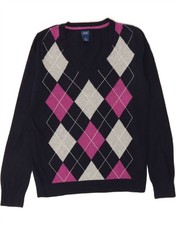 IZOD Womens V-Neck Jumper Sweater UK 14 Medium Navy Blue Argyle/Diamond DB37