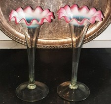 Pair of Art Nouveau Eperne Trumpet Vases with Opaque & Cranberry Ruffles C 1890