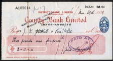 OVERPRINTED 1937 Bank Cheque: COUNTY BANK LTD, Crawshawbooth, Lancs. Free UK p&p