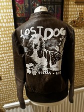 Vintage Y2K Miss Sixty Aged Leather Brown Bomber Jacket Back Paint Dog L