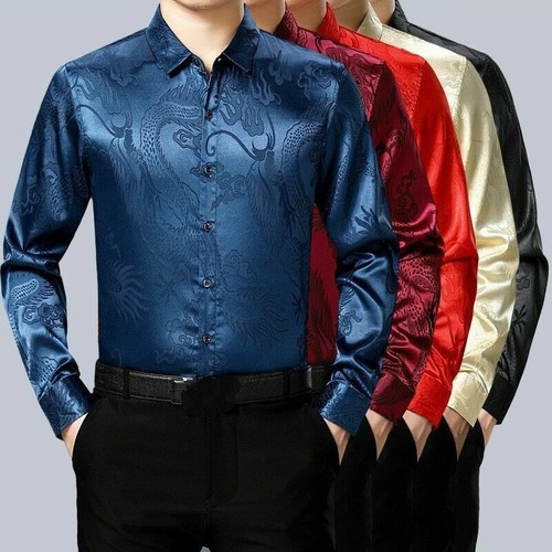 Men faux silk satin shirt - faux,