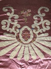 Antique 1920s Embroidered Satin Bedspread Coverlet Twin Boudoir Pink Velvet