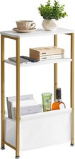 Slim White & Gold 3-Tier Side Table with Storage Basket – Narrow Bedside/End Tab