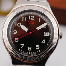 Swatch Irony Watch Swiss Made Black Dial Steel Bracelet Date Red Hand Retro
