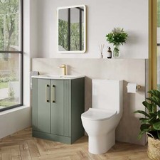 Deco Curved 500mm Satin Green Cloakroom Bathroom Suite & Brushed Brass Handle