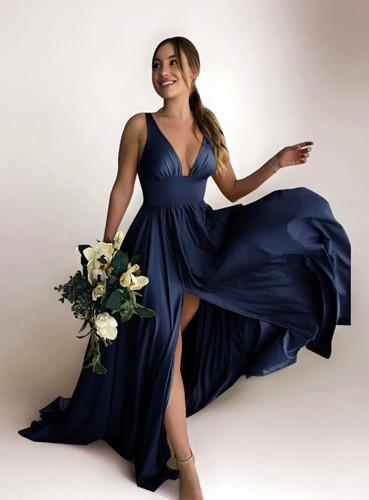 Blue sleeveless neck maxi - v-neck,