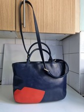 LULU GUINNESS DESIGNER WOMENS NAVY RED LEATHER SATCHEL TOTE CROSSBODY HANDBAG