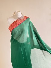 green Sari Saree Party Wedding Bridesmaids ?pink Border Fabric contrast blouse