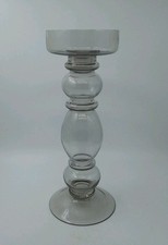 Pillar/Taper Candlestick, Smokey Grey, Clear Glass, Large 25cm Tall