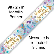 Mermaid Happy Birthday 9ft Holographic Foil Party Banner Decoration