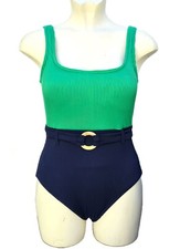 M&S Post Surgery Swimsuit Swimming Costume Non Wired Belt Blue Green Size 10 14