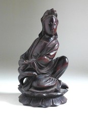 Old Chinese Carved Hard Wood Seated Guanyin Figure Sculpture.