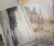 3 x ORIGINAL ART SIGNED WATERCOLOUR PENCIL Country & town scenes