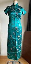 Vintage oriental teal Chinese cheongsam Qipao full-length dress UK 8