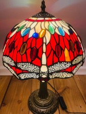 Tiffany Style Large Table Lamp Dragonfly Red Stained Glass New 