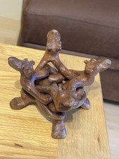 Vintage Hand Carved Interlocking Wood Treen Stand Circle of Life Camels Heads