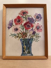 Vintage Hand Stitched Cross Stitch Floral Vase Artwork Framed 9.5x7.5 Inch