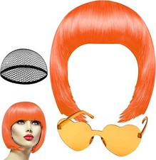 ORANGE BOB WIG FANCY DRESS HEN PARTY DISCO COSTUME FUN ROLE PLAY HEART GLASSES